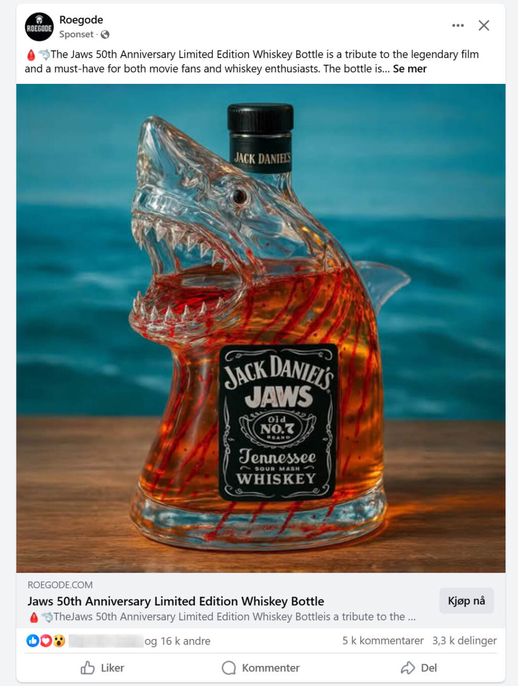 Fake “Jaws 50th Anniversary” Jack Daniel’s Bottle Floods Facebook Ads